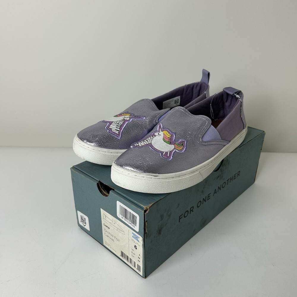 TOMS Shoes Girls 6 Orchid Foil Unicorn Canvas Luca Slip-Ons Lilac Purple Sparkle